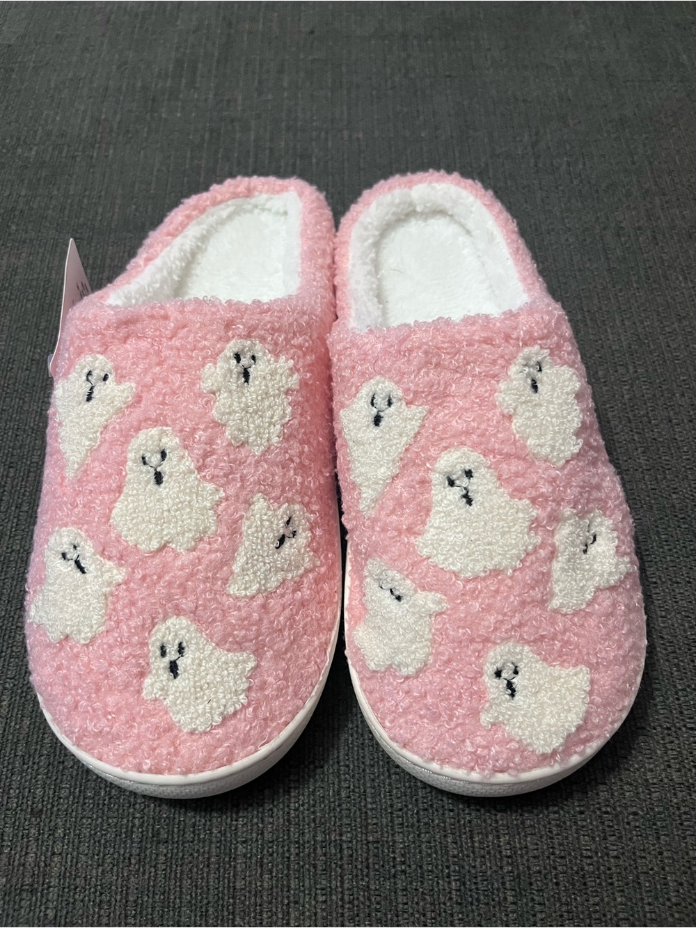 Plush Pink with White Ghosts Slip-On Women's Halloween Slippers NEW